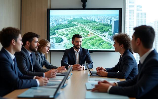 プロフェッショナルなコンサルタントが都市のグリーンインフラ戦略について説明している