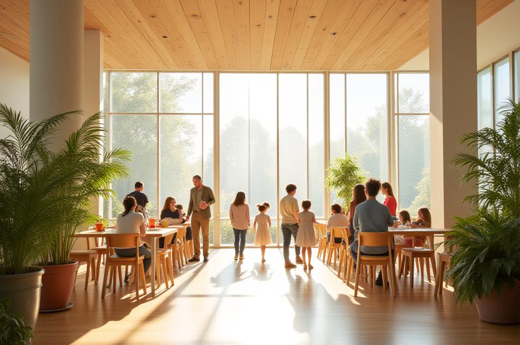 Interior shot of the eco-friendly community center, bright with exposed wood and natural light