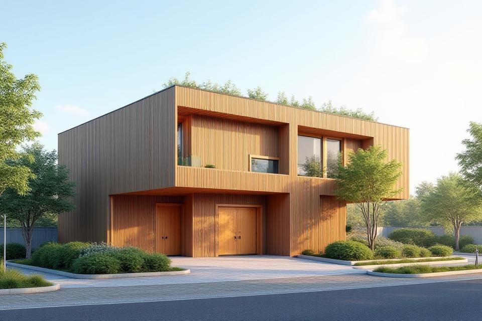 An eco-friendly community center building with a large wooden facade and green roof