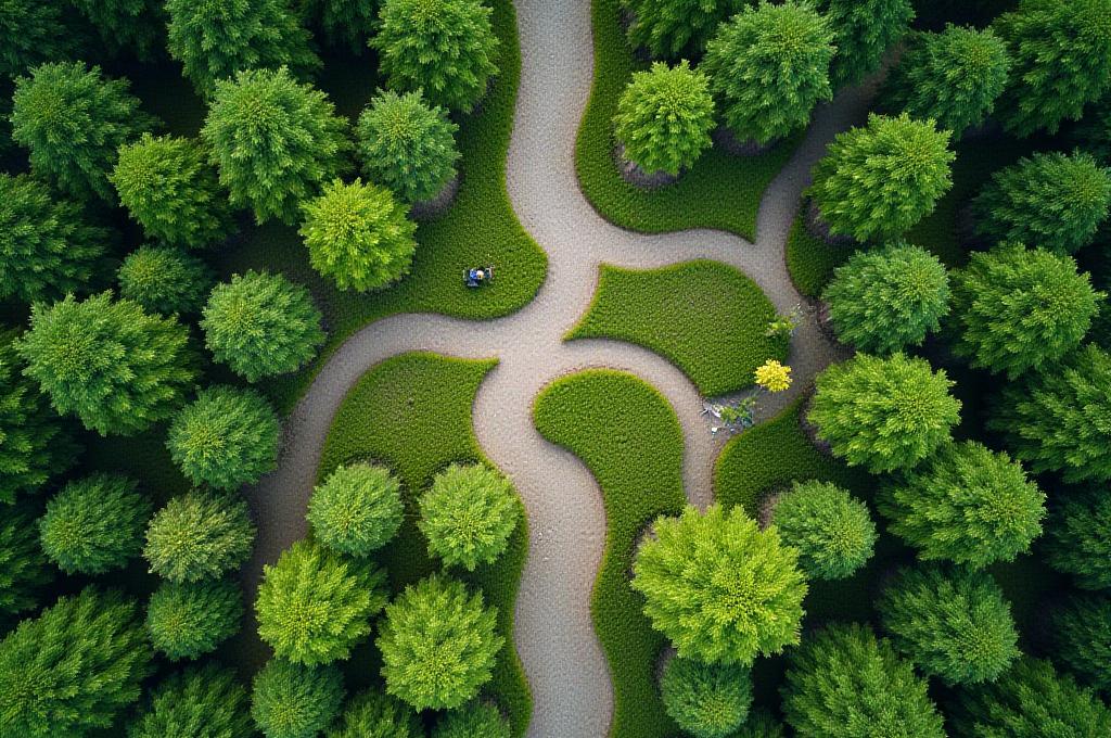 Aerial view of a vibrant reforestation park with diverse plant species