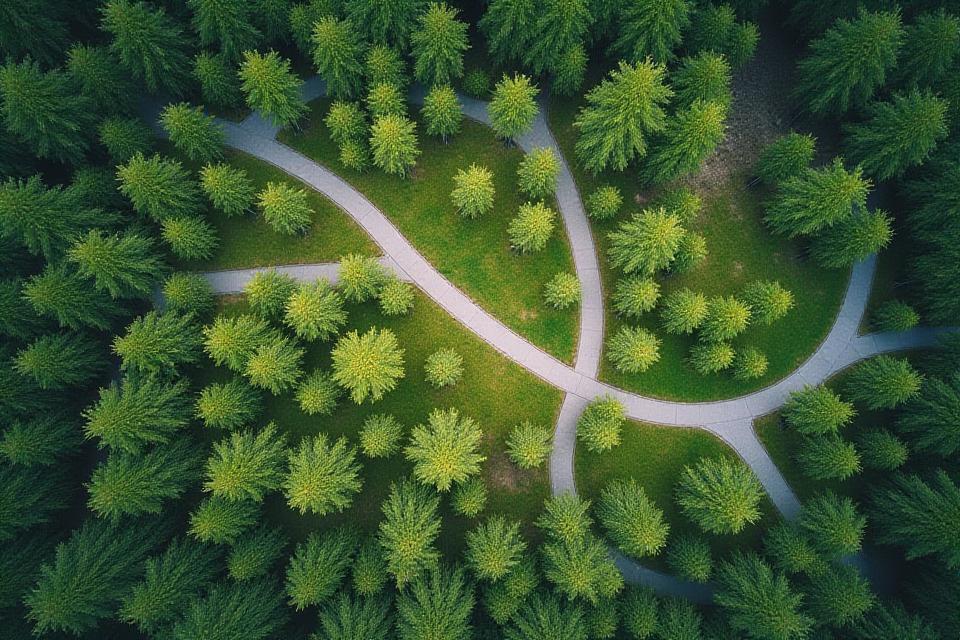 A newly reforested park with young trees and walking paths, lush and green