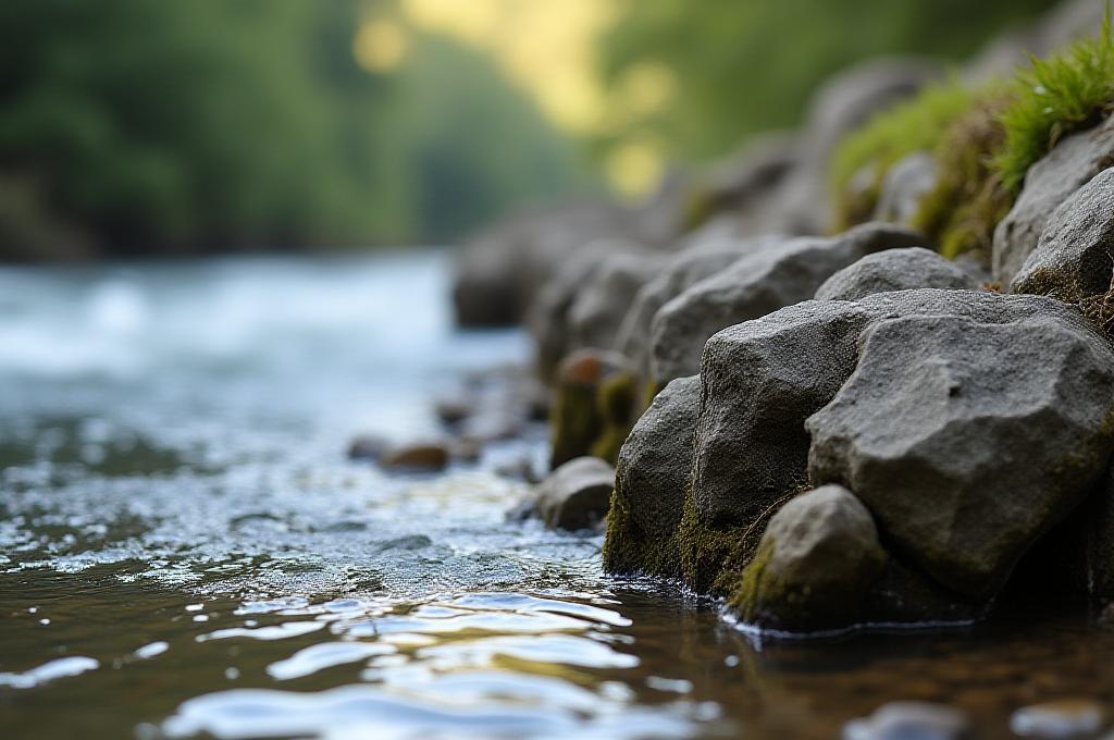 Close-up of gabion-like structures made from timber and stones along a pristine river