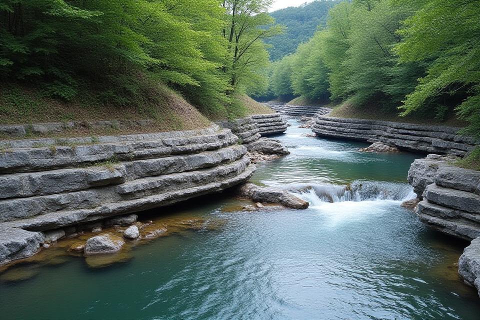 Stone and timber erosion control structures along a riverbank, blending with nature