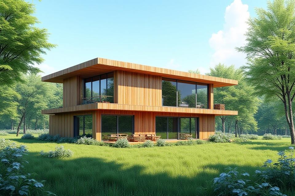 A modern, sustainable timber house with large windows in a natural setting