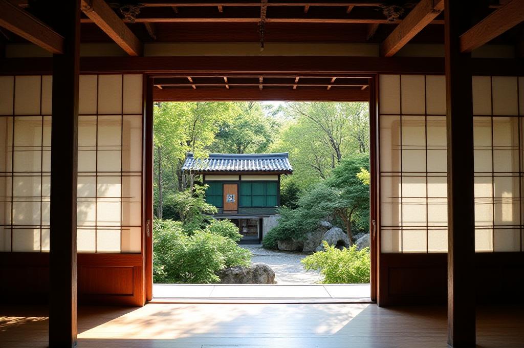 Zen garden and beautifully restored timber columns and beams in a traditionalese setting