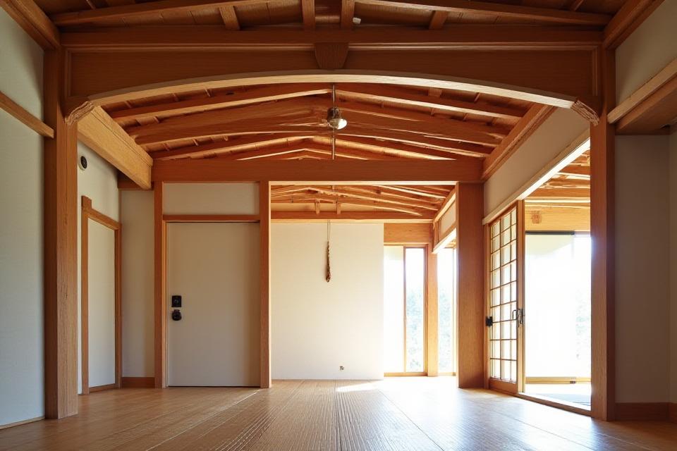 Interior of a renovated traditionalese house featuring exposed wooden beams and joinery