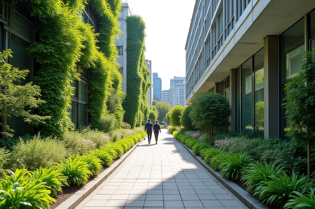 Pedestrian walkway in a city with extensive green walls and permeable paving, showing benefits of green infrastructure